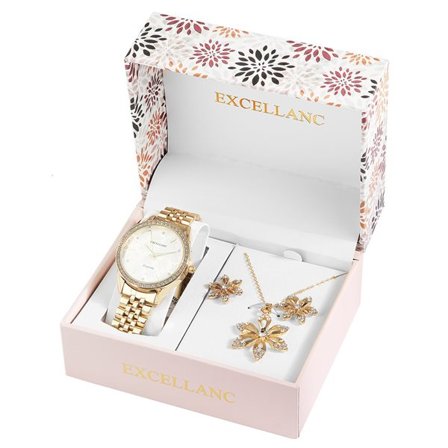 Excellanc lahjasetti, jossa naisten kello, kaulakoru ja korvakorut - kullanvärinen