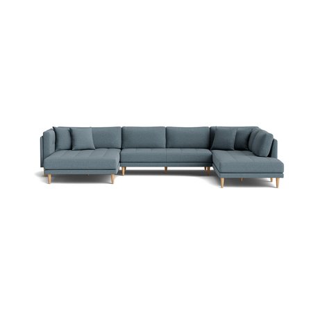 Cali U-sofa, Venstrevendt, Nordic Blå, 374x220x76cm - U-sofa med Dobbelt Chaiselong, 4 Pyntepuder & Bøgetræsben