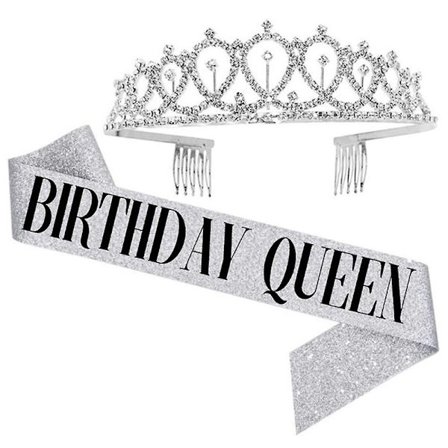 Women Ladies Birthday Queen Tiara And Sash Crystal Crown Headband Shoulder Strap Set