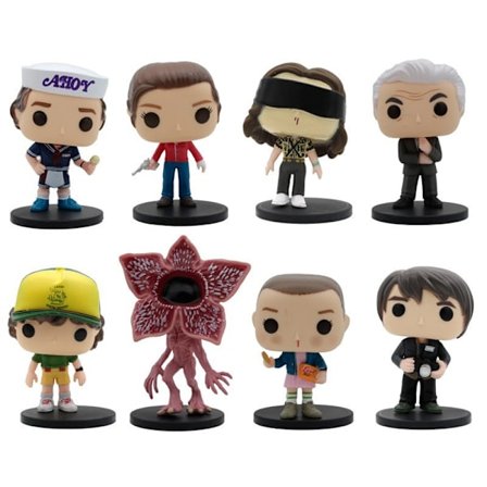 8-delt sett med Stranger Things-filmprodukter, tegneseriefigurer, figurer og kjøttetende plantemodeller.