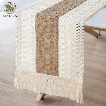 Bohemsk bordløper, bordløper i bomull og jute med frynser, 30 x 240 cm, landlig borddekorasjon, gårdshusstil, Hvit
