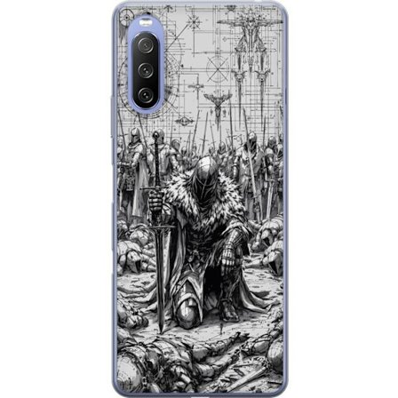 Yhteensopiva Puhelinkuori Sony Xperia 10 III Keskiaikainen ritari soturi taistelukenttä mustavalkoinen eeppinen sotajoukko miekat synkkä fantasia pans