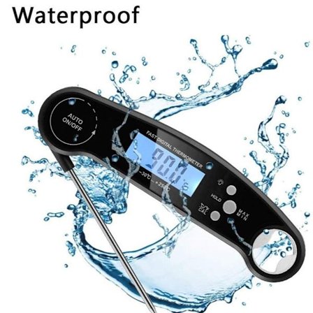 Digitalt kødtermometer, hurtig aflæsning af madtermometer med baggrundsbelyst LCD-skærm, foldbar lang sonde og automatisk tænd/sluk (sort)