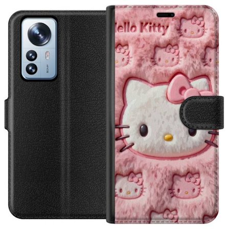 Kompatibelt Lommeboketui til Xiaomi 12 Pro Hello Kitty rosa fluffy bakgrunn med ikoniskt ansikt og kawaii-estetikk