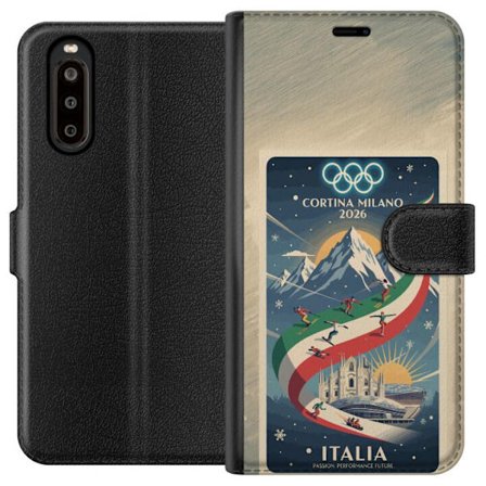 Yhteensopiva Lompakkokotelo Sony Xperia 10 II Mäkihyppykuvitus, jossa hiihtäjä tähtää kiväärillä lumisella radalla, teksti Milano Cortina 2026 ja olym