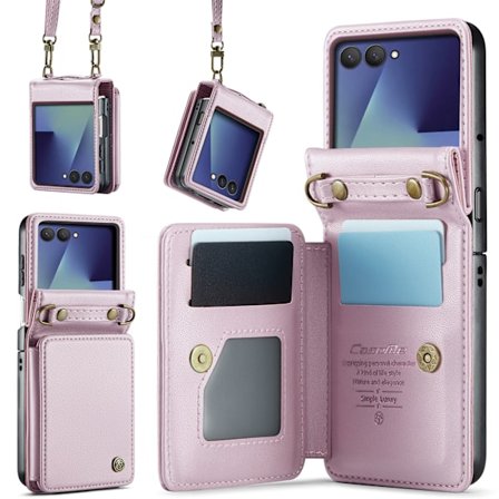 Etui til Samsung Galaxy Z Flip 7, med RFID-blokerende kortholder og rem med støttefod (Pink)
