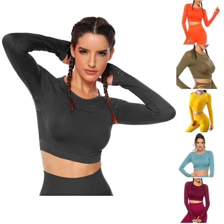 Gul Crop Top seamless med långa armar.