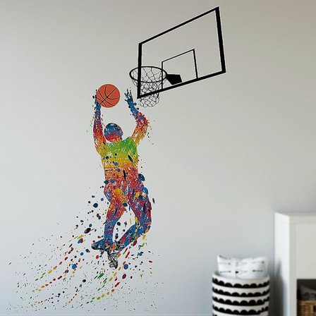 Vinyl Basketbollspelare Slam Dunk Silhuett med Basketboll och Basketväggdekaler Klistermärken Väggmålningar för Basketboll Barn Tonåringar Pojkar Rum