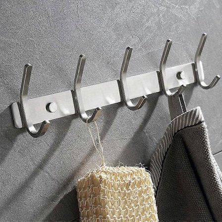 Väggmonterad Klädhängare med 5 Krokar, Badrumshanddukshängare, Rostfritt Stål SUS304, Borstad Väggkrok