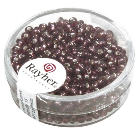 Rocailles, 2,6 mm av. silverbesättning, ask 16 g, mörklila