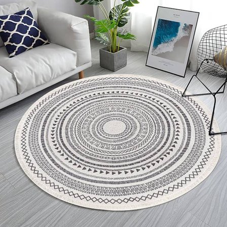 Grå handvävd rund bomullsmatta med fransar 120cm marockansk stil