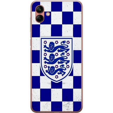 Kompatibel Mobilcover til Samsung Samsung Galaxy A04 Grafisk skakternet mønster i blåt og hvidt med et klassisk heraldisk emblem, retro-inspireret s