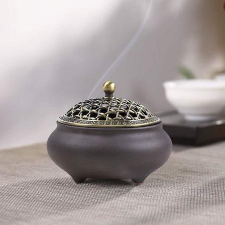 Keramisk Røgelsebrænder Røgelseholder Røgelsepindsholder Rund Kinesisk Porcelæn Røgelseskål Med Brandsikker Matte Og Metal Låg Til Hjemmet