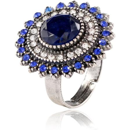 Vintage sininen auringonkukka statement -sormus naisille ja tytöille, antiikkinen pyöreä kristalli paha silmä suoja säädettävä hääjuhlasormus mukava 