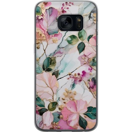 Yhteensopiva Puhelinkuori Samsung Galaxy S7 Abstrakti marmorikuvio kukilla, lehdillä ja kultaisilla yksityiskohdilla pehmeissä pastellisävyissä