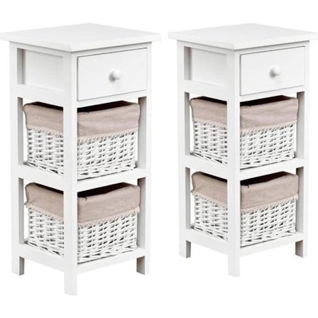 COSTWAY Sæt med 2 sengeborde med 1 skuffe og 2 aftagelige flettede kurve, Paulownia træstel rustik vintagestil