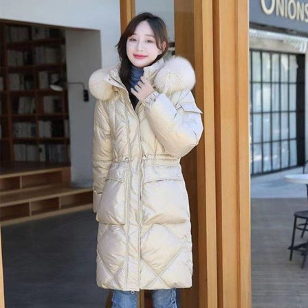 2023 Höstvinter Huva Pälskrage Lång Parkas Mujer Tjock champagne L