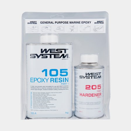 Epoxypakke med hurtig hærder West System 105/205 A-pack, 105-A Epoxy Resin + 205-A Fast Hardener, 1.2 kg (1 kg base + 0.2 kg hærder)