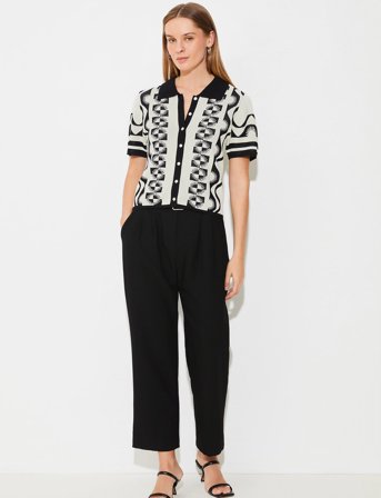 SUNCOO Paris Gabera - Black And White Jacquard Polo Jumper - Cream - L