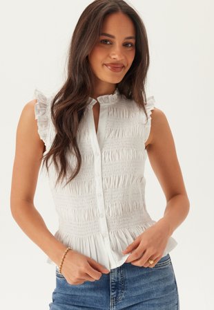 BUBBLEROOM - Sleeveless Cotton Smock Blouse - White