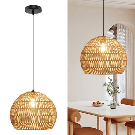 COSTWAY Hængende lampe til stuen, Flettet papir, Boheme lampe med justerbar højde til køkken og værelse, Brun