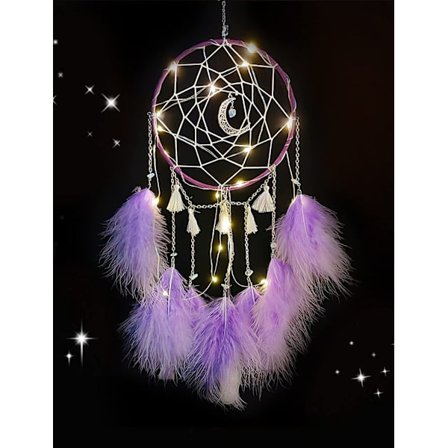 Lilla - Liten drømmefanger med LED-lys, håndlaget fjær dr