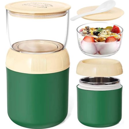 Müslikop takeaway-krus, 300+400 ml madkasse, yoghurtkrus med ske, lækagesikker suppebeholder (grøn)