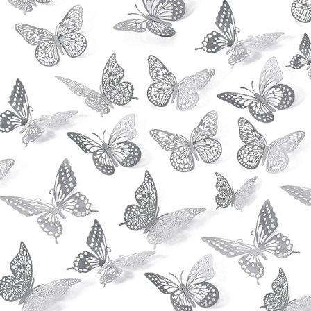 3D-perhosseinäkoriste, irrotettavat metalliset seinätarrat (48 kpl hopeaa)