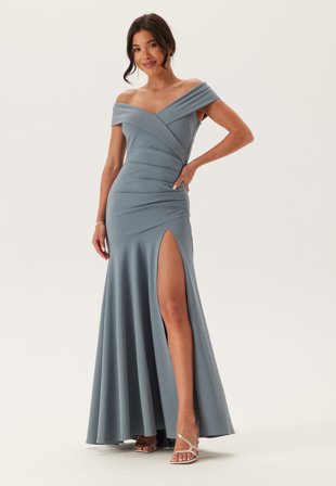 Goddiva - Bardot Pleat Maxi Split Dress - Light blue - Kläder - - Bubbleroom
