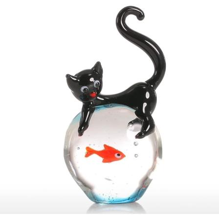 Katt og gullfisk Glassskulptur Papirvektobjekt Krystallkatt - Perfet