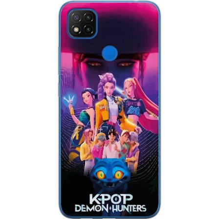Xiaomi Redmi 9C NFC Gjennomsiktig deksel Kpop Demon Hunters plakat med fargerike helter, neonlys og episk fantasy anime estetikk.