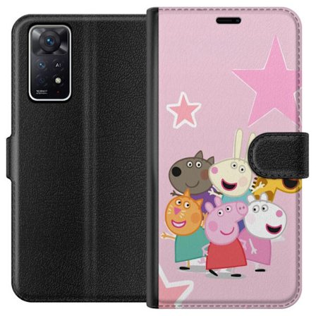 Kompatibelt Lommeboketui til Xiaomi Redmi Note 11 Pro 5G Peppa Gris og venner samlet med stjerner på rosa bakgrunn, fargerik barneillustrasjon
