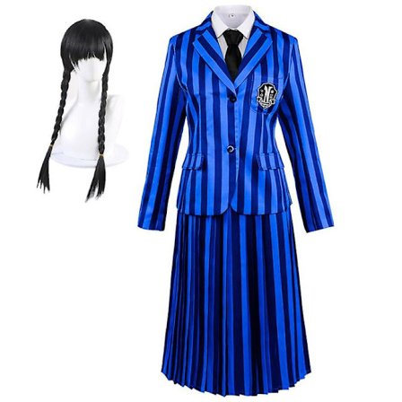 Onsdagsskoleuniform kostym med perukklänning Cosplay för tjejer Purple 140 Blue 140