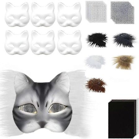 Therians Maskesett DIY Furry Dyremaske Kompatibel med Halloween Cosplay - Rev, Katt med Pels, Øyenett & Filtark