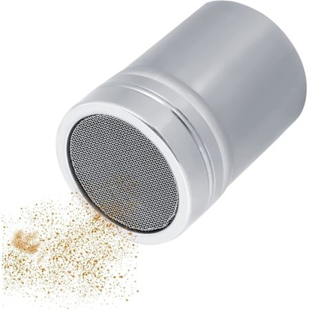 Fintmasket pulverspreder i rustfrit stål med låg, meldrysser, flormelisdrys til kakao, mel og flormelis, 5,5 × 8 cm