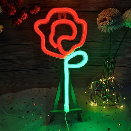 Neon Pink Rose Flower Neon Skilt USB/Batteridrevet Natteskilt LED Væg Skilt Vægkunst til Natlamper Lys Op Skilte(Rød)