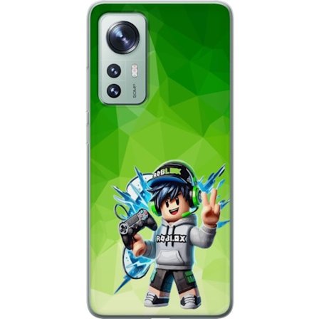 Yhteensopiva Puhelinkuori Xiaomi 12 Roblox-inspiroitu pelaajahahmo, jossa on kuulokkeet, ohjain ja energiset efektit vihreää taustaa vasten