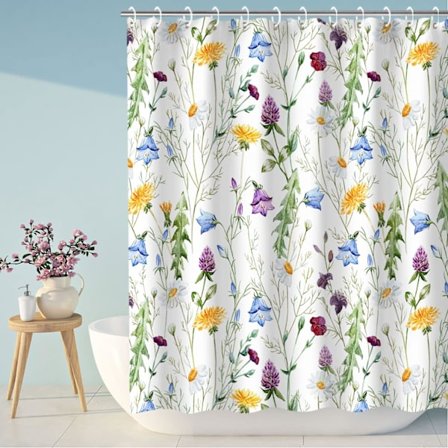 Blommig duschdraperi, blommig duschdraperi, färgglatt blommig duschdraperi för badrum, gröna blad och vildblomsduschdraperi, 72" x 72" tum