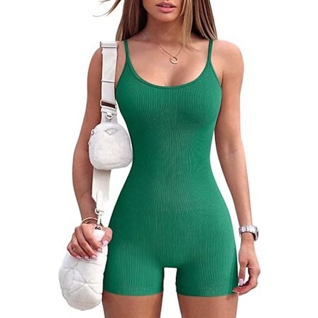 Kvinde Træning Sømløs Jumpsuit Yoga Ribbet Bodycon One Piece Spaghetti Stropper Shorts Romper-M Grøn