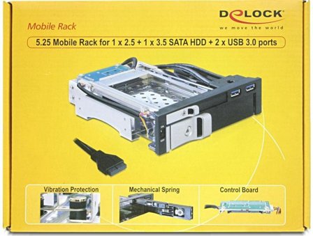 Delock 5.25 Mobile Rack for 1 x 2.5 + 1 x 3.5 SATA HDD + 2 x USB 3.0 Ports - bevegelig lagerrack