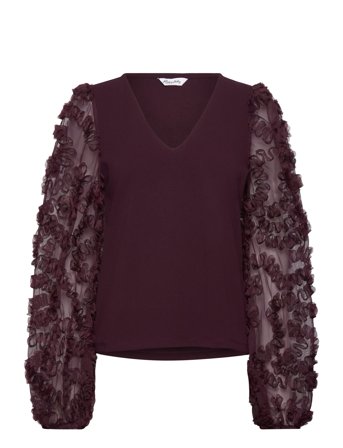 3D Floral Sleeve V-Neck Top Burgundy Bubbleroom