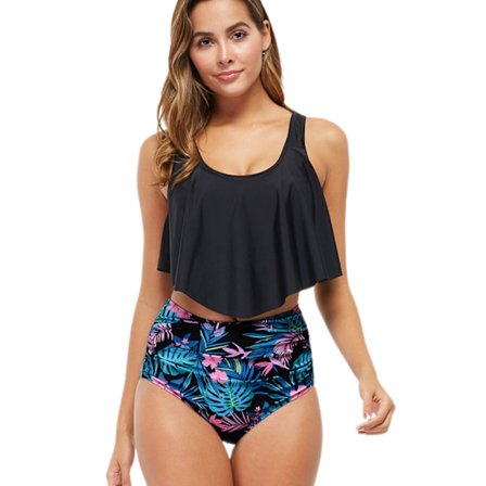 Badetøj til kvinder, todelt badedragt med dobbelt flæse, højtaljede trusser, sort02, XS