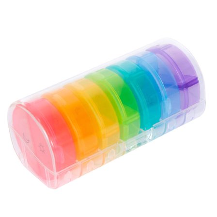 Rund pilleæske med 7 farvekodede doseringsglas - til daglig med