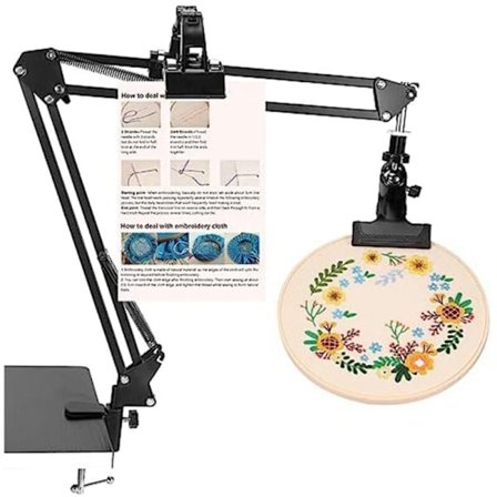 Kirjontakehän jalusta, säädettävä kirjontakehän jalusta ohjeiden pidikkeellä, ristipistot ja kirjontaprojektit