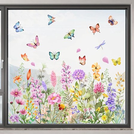 30*60 cm - Vindusstickers Blomster sommerfugler akvarellblomster grønne planter blader flyttbare vår sommer rustikk vill kunst dekorasjon for_yu