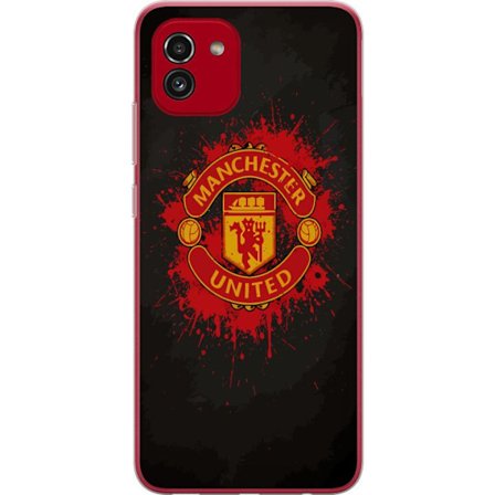 Kompatibelt Mobildeksel til Samsung Samsung Galaxy A03 Manchester United logo i rød og gul farge med røff sportslig bakgrunn
