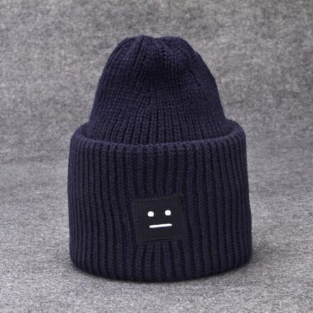 Varm vinterstrikk lue i koreansk stil fortykket høst- og vintergenser unisex Smiley face dark blue Average SizeM