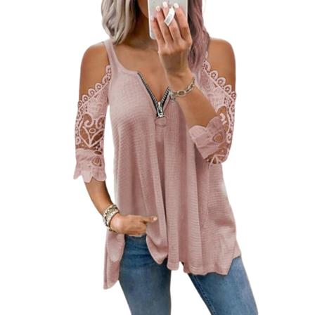Enfärgad dragkedja Spetsärm Lös T-shirt Mode Hollow Out Spetskant Plisserad dragkedja Axelbandslös v-hals Halter Top pink L
