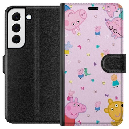 Kompatibelt Lommeboketui til Samsung Galaxy S22 5G Peppa Gris med en baby i armene, mamma gris motiv i fargerik og myk barneillustrasjon med hjerter