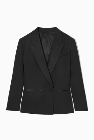 COS Women's Power Shoulder Wool Tuxedo Blazer in Black